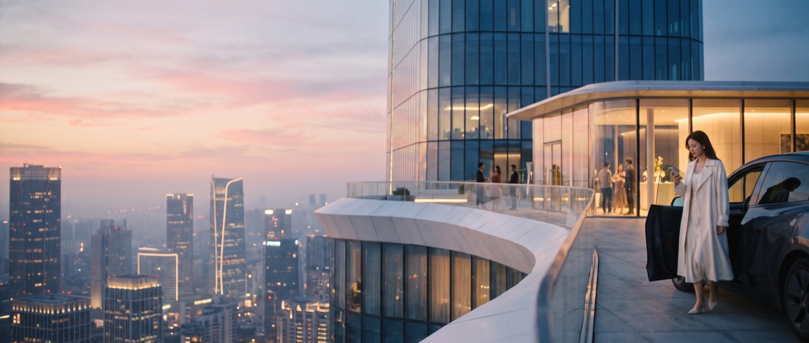 Dusk on a tower rooftop over a glowing skyline; a woman steps from her car toward a launch party in a glass pavilion.